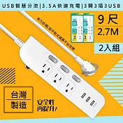 【WISER精選:台灣製造】9呎2.7M延長線3P3開3插3USB(新安規/USB快充3.5A)-2入組