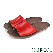 【GREEN PHOENIX】女 拖鞋 日系 寬版 全真皮 室內 室外 平底 台灣製 EU38 酒紅色