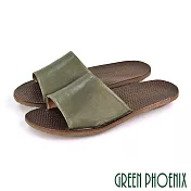 【GREEN PHOENIX】女 拖鞋 日系 寬版 全真皮 室內 室外 平底 台灣製 EU38 綠色