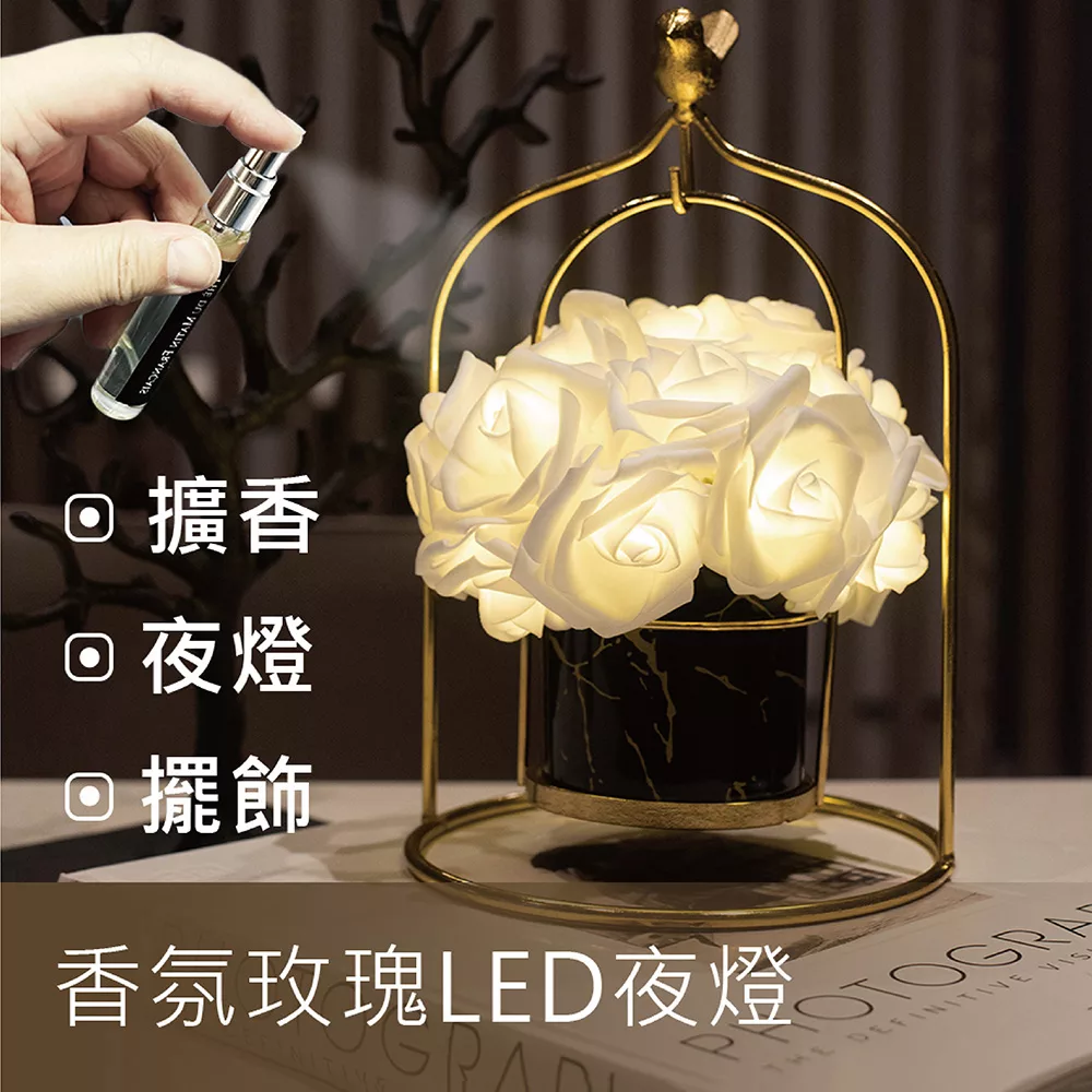 【莎姐嚴選】香氛玫瑰LED擴香夜燈-鳥籠玫瑰款(附贈USB充電插頭) 尊貴黑