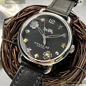 COACH蔻馳精品錶,編號：CH00115,36mm圓形銀精鋼錶殼黑色錶盤真皮皮革深黑色錶帶