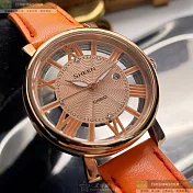 CASIO卡西歐精品錶,編號：CA00006,34mm圓形玫瑰金精鋼錶殼玫瑰金色錶盤真皮皮革橘錶帶