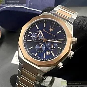 MASERATI瑪莎拉蒂精品錶,編號：R8873642002,46mm八角形玫瑰金精鋼錶殼寶藍色錶盤精鋼金銀相間錶帶