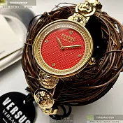 VERSUS VERSACE凡賽斯精品錶,編號：VV00090,34mm圓形金色精鋼錶殼紅色錶盤精鋼金色錶帶