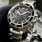 ARMANI阿曼尼精品錶,編號：AR00014,42mm圓形黑精鋼錶殼黑色錶盤精鋼銀色錶帶