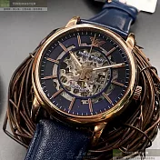 ARMANI阿曼尼精品錶,編號：AR00016,42mm圓形玫瑰金精鋼錶殼雙面機械鏤空錶盤真皮皮革寶藍錶帶
