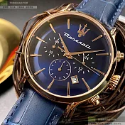 MASERATI瑪莎拉蒂精品錶,編號：R8871618013,42mm圓形玫瑰金精鋼錶殼寶藍色錶盤真皮皮革寶藍錶帶