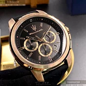 MASERATI瑪莎拉蒂精品錶,編號：R8871621012,44mm圓形玫瑰金精鋼錶殼黑色錶盤矽膠玫瑰金色錶帶