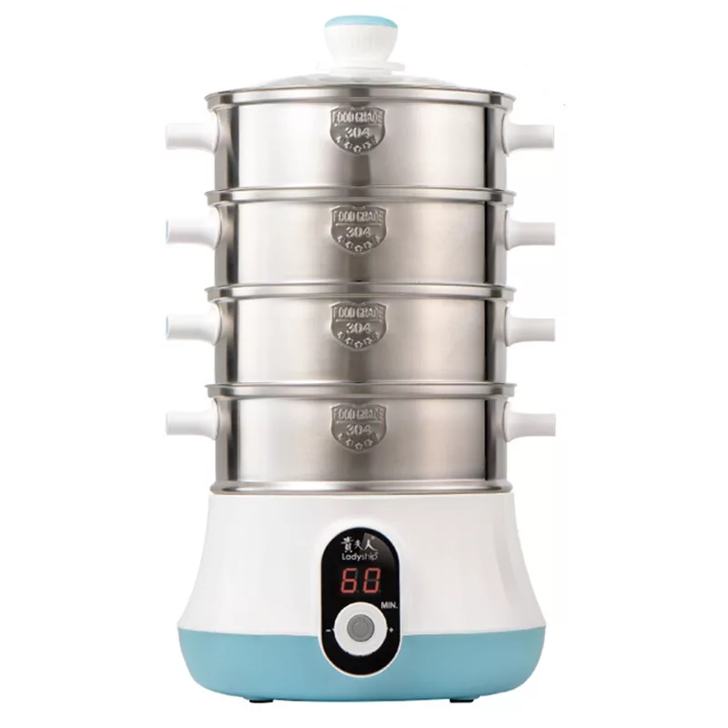 貴夫人 Ladyship KY-609 電蒸鍋,藍色系時尚外觀,適合4人家庭使用。容量充足,內鍋採用304不鏽鋼材質,耐用健康。配件包含主機(含聚能罩)、帶孔蒸籠1個、獨立氣鍋3個、透明上蓋及說明書。功率500~600W,電壓110V/60Hz,產品尺寸26.3x26.3x40.5cm,重量僅3kg。產地中國,保固1年,BSMI許可字號R73196,輕鬆實現多層蒸煮,保留食材營養。 貴夫人Ladyship KY-609