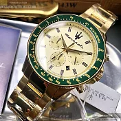 MASERATI瑪莎拉蒂精品錶,編號：R8873640005,44mm圓形綠金精鋼錶殼金色錶盤精鋼金色錶帶