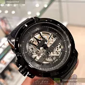 MASERATI瑪莎拉蒂精品錶,編號：R8821119006,46mm圓形黑精鋼錶殼機械鏤空錶盤真皮皮革深黑色錶帶