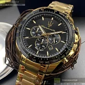 MASERATI瑪莎拉蒂精品錶,編號：R8873612041,46mm圓形黑金精鋼錶殼黑色錶盤精鋼金色錶帶