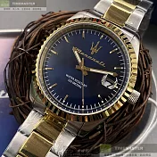 MASERATI瑪莎拉蒂精品錶,編號：R8853100027,42mm圓形金銀相間精鋼錶殼寶藍色錶盤精鋼金銀相間錶帶
