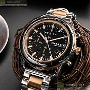 COACH蔻馳精品錶,編號：CH00119,44mm圓形黑金精鋼錶殼黑色錶盤精鋼金銀相間錶帶