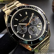 COACH蔻馳精品錶,編號：CH00121,44mm圓形黑金精鋼錶殼金色錶盤精鋼金色錶帶
