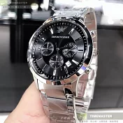 ARMANI阿曼尼精品錶,編號：AR00019,42mm圓形銀精鋼錶殼黑色錶盤精鋼銀色錶帶