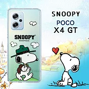 史努比/SNOOPY 正版授權 POCO X4 GT 漸層彩繪空壓手機殼 (郊遊)