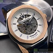MASERATI瑪莎拉蒂精品錶,編號：R8821142001,42mm12邊形金色精鋼錶殼白色機械鏤空錶盤真皮皮革寶藍錶帶