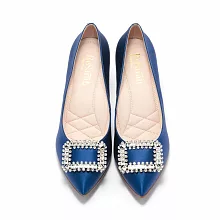 【ReSarah】幾何方圓水晶方釦手工真皮婚鞋 EU35 (藍色絲緞銀色方釦)
