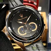 MASERATI瑪莎拉蒂精品錶,編號：R88716120252,46mm圓形黑精鋼錶殼黑色錶盤真皮皮革深黑色錶帶