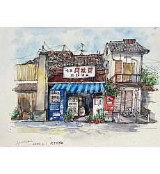 【玲廊滿藝】yumei _watercolor畫畫日子-京都街屋18x26cm
