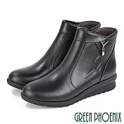 【GREEN PHOENIX】女 短靴 馬靴 全真皮 小坡跟 水鑽 翻領 台灣製 JP22.5 黑色67