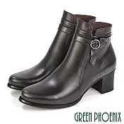 【GREEN PHOENIX】女 短靴 馬靴 全真皮 高跟 鑽飾 鉚釘 台灣製 JP24 咖啡色70