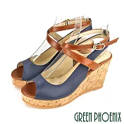【GREEN PHOENIX】女 涼鞋 魚口 交叉 繞踝 側扣 楔型 台灣製 US7 藍色