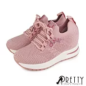【Pretty】女 休閒鞋 水鑽 針織 襪套式 綁帶 內增高 厚底 EU37 粉紅色