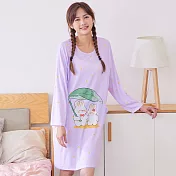 【Wonderland】長袖睡衣薄款加大碼牛奶絲居家睡裙洋裝 FREE 葉子雨傘(紫色)