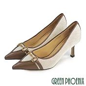 【GREEN PHOENIX】女 高跟鞋 細跟 金屬馬銜釦 羊皮 尖頭 OL通勤 上班 EU36 棕色