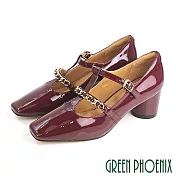【GREEN PHOENIX】女 高跟鞋 粗跟鞋 瑪莉珍 鍊條 牛漆皮 方頭 EU36 酒紅色