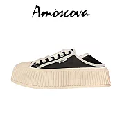【Amoscova】女鞋 厚底餅乾鞋 松糕帆布鞋 增高小白鞋 休閒鞋 學生鞋(1665-F-12) EU37 黑色