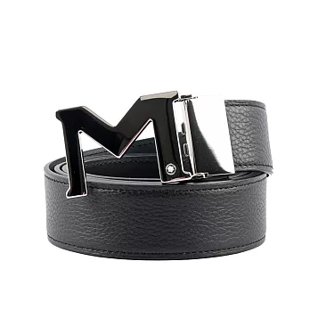 MONT BLANC 銀色M Logo 搭扣3.5cm牛皮雙面可用皮帶 (黑色)