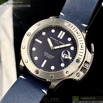 Giorgio Fedon 1919喬治飛登精品錶,編號：GF00091,46mm圓形銀精鋼錶殼寶藍色錶盤真皮皮革寶藍錶帶