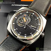 Giorgio Fedon 1919喬治飛登精品錶,編號：GF00092,42mm方形銀精鋼錶殼黑色錶盤真皮皮革深黑色錶帶