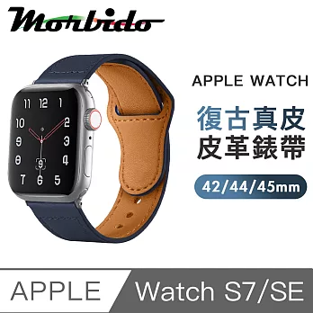 蒙彼多 Apple Watch S7/SE 42/44/45mm復古真皮革錶帶 深藍