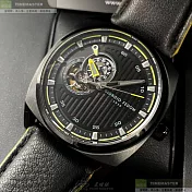 Giorgio Fedon 1919喬治飛登精品錶,編號：GF00095,42mm方形黑精鋼錶殼黑色機械鏤空錶盤真皮皮革深黑色錶帶