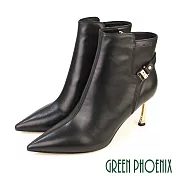 【GREEN PHOENIX】女 踝靴 短靴 鑽 皮帶釦 小牛皮 全真皮 側拉鍊 尖頭 細跟 高跟 EU37 黑色