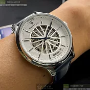 MASERATI瑪莎拉蒂精品錶,編號：R8821136001,44mm圓形銀精鋼錶殼白色機械鏤空錶盤真皮皮革寶藍錶帶