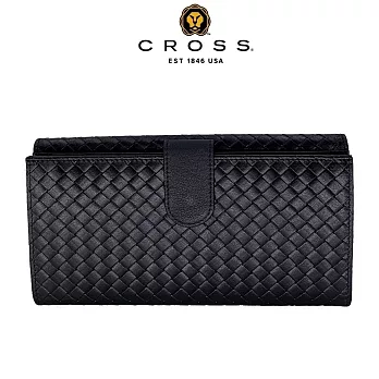 【CROSS】台灣總經銷 限量1折 頂級小羊皮編織紋中扣式長夾 全新專櫃展示品 (黑色 贈禮盒提袋)