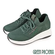 【GREEN PHOENIX】女 休閒鞋 顯瘦 彈力 襪套式 綁帶 厚底 EU35 深綠色