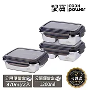 【CookPower 鍋寶】可微波分隔不鏽鋼保鮮盒3件組(1200ml+870mlX2)