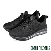 【GREEN PHOENIX】男 運動鞋 休閒鞋 素面 飛線編織 綁帶 吸震 減壓 彈力 全氣墊 JP25.5 黑色