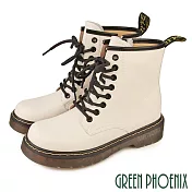 【GREEN PHOENIX】女 短靴 馬丁靴 工程靴 全真皮 綁帶 側拉鍊 厚底 EU38 米色
