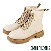 【GREEN PHOENIX】女 短靴 馬丁靴 工程靴 全真皮 綁帶 側拉鍊 厚底 粗跟 JP23 米色