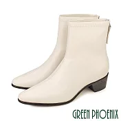 【GREEN PHOENIX】女 短靴 馬靴 小羊皮 全真皮 後拉鍊 尖頭 粗跟 中跟 EU40 米色