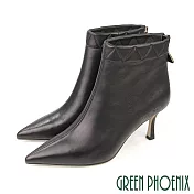 【GREEN PHOENIX】女 踝靴 短靴 小羊皮 全真皮 後拉鍊 尖頭 細跟 高跟 EU36 黑色