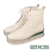 【GREEN PHOENIX】女 短靴 馬丁靴 國際精品 小牛皮 編織 厚底 日本進口 EU37 白色