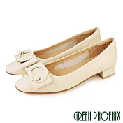 【GREEN PHOENIX】女 低跟鞋 粗跟鞋 便鞋 全真皮 方頭  OL通勤 上班 面試 EU36 米色